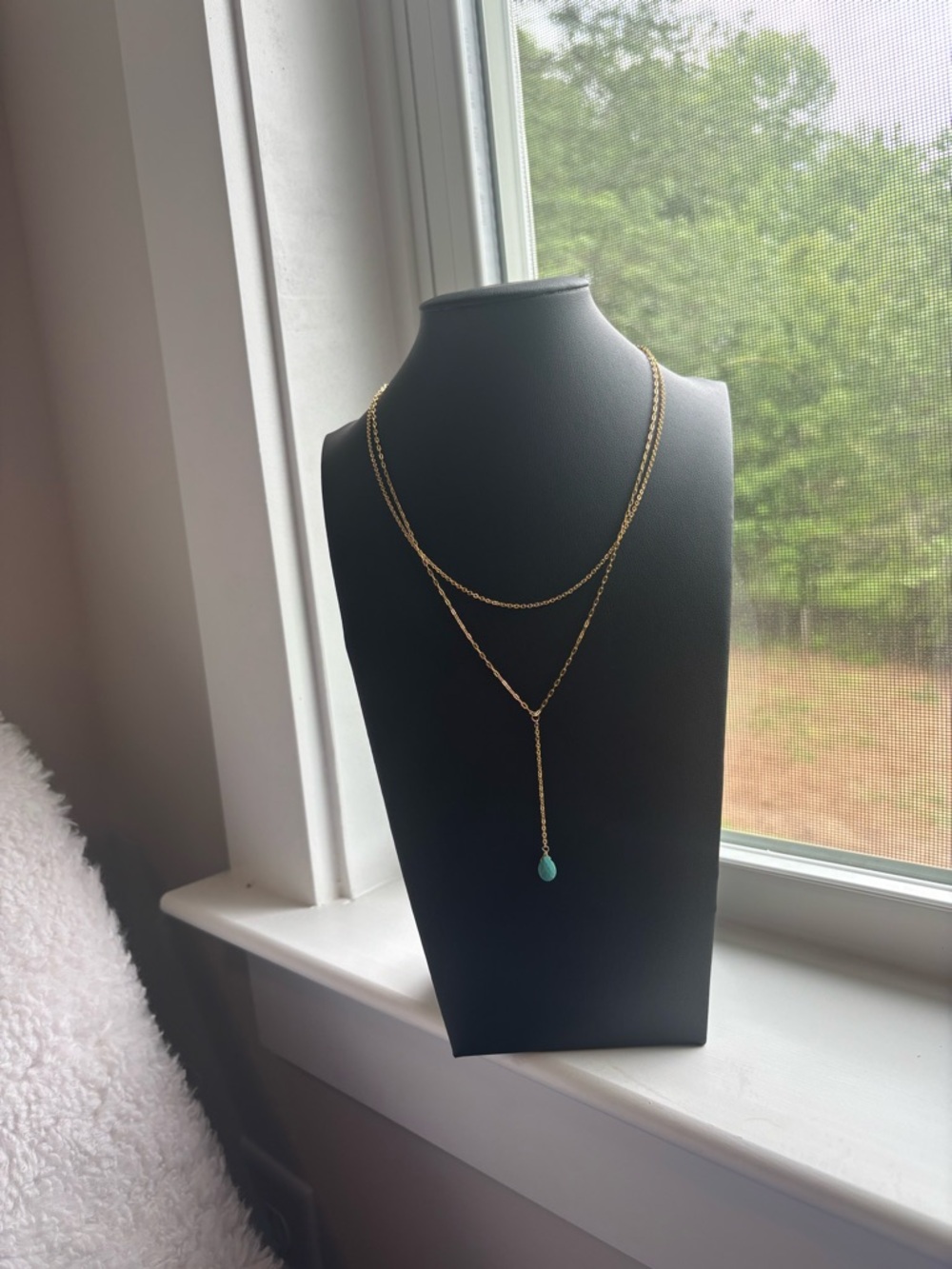Gold Plated Lariat Necklace Turquoise Teardrop Pendant Y Necklace Layered Boho - Picture 3 of 16